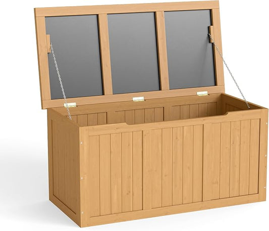 67 Gallon Outdoor Wooden Deck Box Solid Wood Storage Box Seat Table Top for Patio Furniture Cushions, Pool Toys Garden Tools
