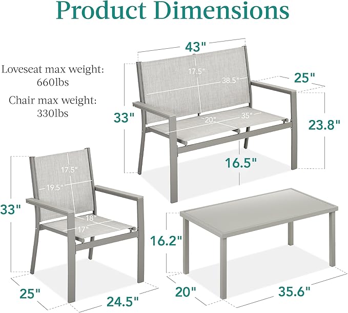 Best Choice Products 4-Piece Outdoor Textilene Patio Conversation Set, Backyard Furniture w/Loveseat, Coffee Table, Steel Frame - Gray/Gray