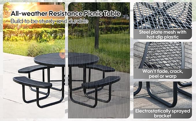 46 Inch Round Outdoor Metal Picnic Table, All-Weather Patio Dining Set for 6-8 Adults, Heavy Duty Steel with Central Umbrella Hole, Perfect for Garden, Backyard, Deck & Small Spaces - Easy Assembly