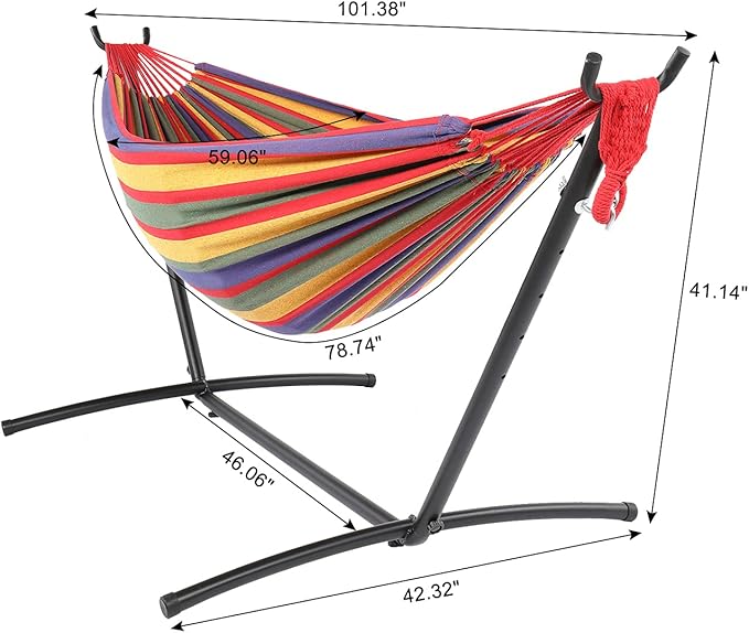 Cotton Hammock with Space Saving Steel Stand,9ft Black Steel Pipe Hammock Frame with 200 * 150cm Polyester Cotton Hammock Iron Hammock Set (Red Stripe A)