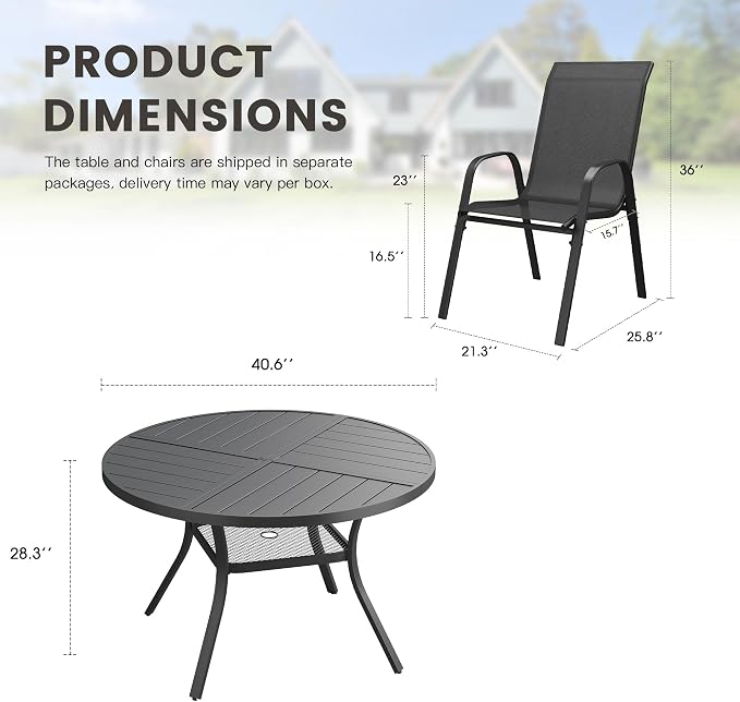 5 Pieces Outdoor Dining Set, 40.7" Spliced Patio Table with Umbrella Hole & Stackable Outdoor Dining Chairs, Patio Furniture Set for Deck Garden Porch, Black Chairs & Black Table