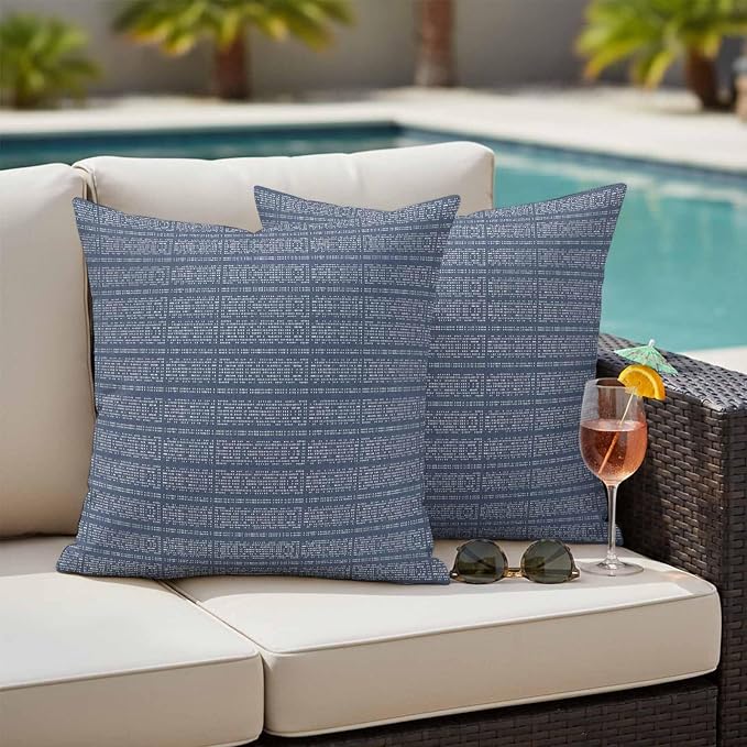 Outdoor Waterproof Throw Pillow Covers Set of 2 Stripes Grain Pillowcases 26x26 Inches Navy Blue Solid Color Decorative Pillows Cushion Case Patio Pillows for Couch Bed Chair Garden