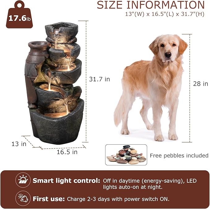 5 Tier Rock Solar Water Fountain Outdoor with Vintage Jar, Cascading Waterfall Fountain with LED Lights, Outdoor Fountains for Garden or Patio, Yard, Deck Decor, 16.5" L x 12.6" W x 31.7" H