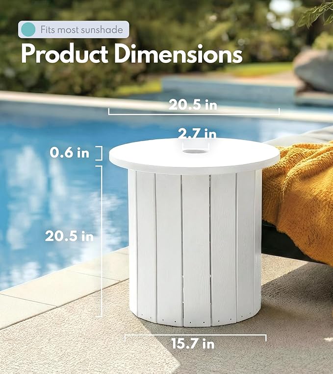 PASAMIC 2-in-1 Patio Table Umbrella & Outdoor Side Table, Large Round Small Outdoor Table with Umbrella Hole, Fits 1.5-1.9in Pole, 5Gal Water Bag Base, HDPE for Poolside, Deck, Garden Use, White