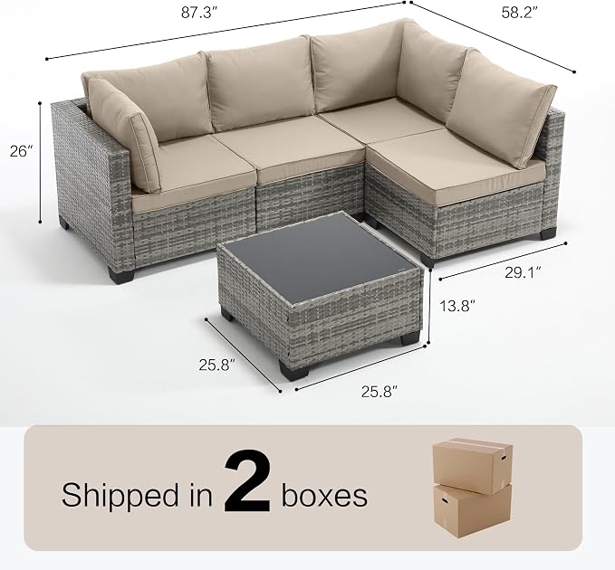 5-Piece Outdoor Patio Furniture Set, Gray PE Rattan Sectional Sofa with Dark Khaki Cushions and Steel Frame, Coffee Table Included, Modular Outdoor Conversation Set for Patio Garden Poolside
