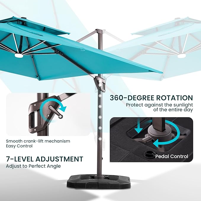 10x10 FT Cantilever Patio Umbrella with Base and Led Lights Double Top Outdoor Square Large Heavy Duty Aluminum Offset Umbrellas with 7 Level Tilt 360-degree Rotation for Pool Garden Deck, Turquoise