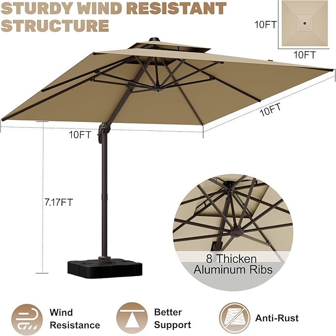 10x10Ft Patio Umbrella Outdoor Cantilever Rectangle Umbrella with Base Included, 6-Level Tilt & 360° Rotation Offset Umbrella for Garden, Deck, Pool(Beige)