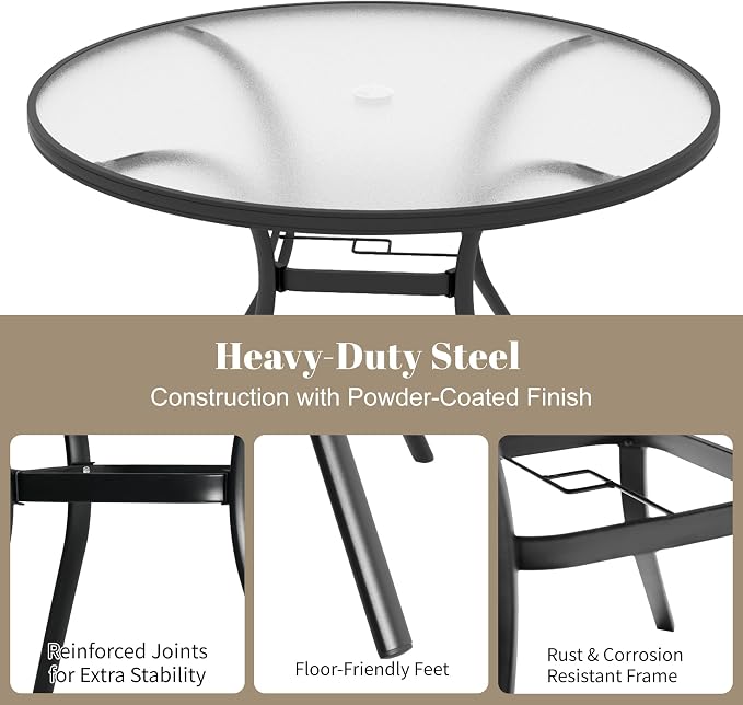 Glass Dining Table, 40" Outdoor Round Patio Table with Steel Base & 1.7" Umbrella Hole, Black Frame