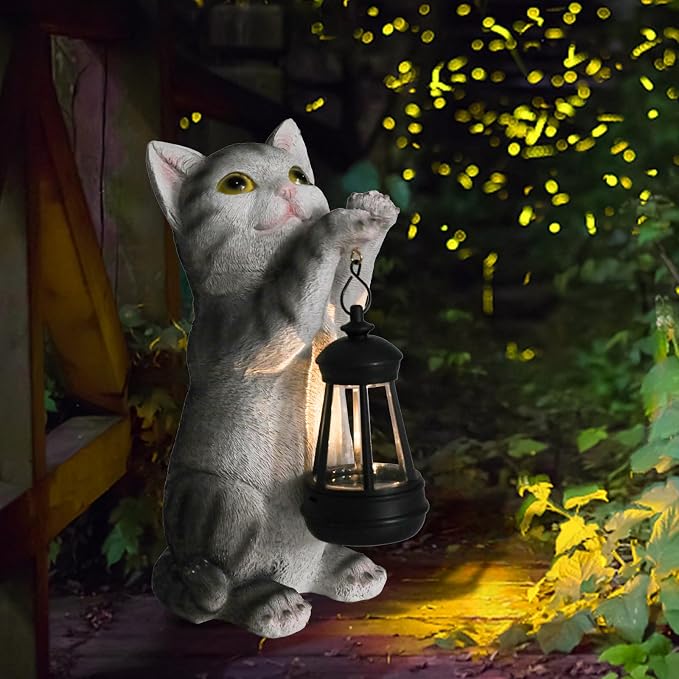 Cat Solar Lights Outdoor Garden, Cat Statue with Lantern for Cat Lover Gift | Cat Solar Lantern Garden Statue, Cat Fugurines Yard Art Lawn Ornaments Porch Patio Home Decor Gardening Gifts for Grandma Mom