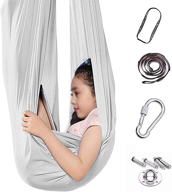 Indoor Swing Seat for Kids Child and Teens Hanging Hammock for Indoor Outdoor Calming Effect On Children with Sensory Needs Included Accessories (Color : White, Size : 100 x 280 cm (L x W))