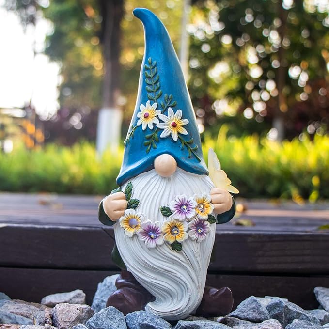 DKJOCKY Gnome Garden Decor Statue with Solar Light Lantern, Funny Waterproof Resin Figurine Outdoor Decorations for Yard Patio Lawn Balcony Porch, Birthday Gifts for Women Mom Grandma