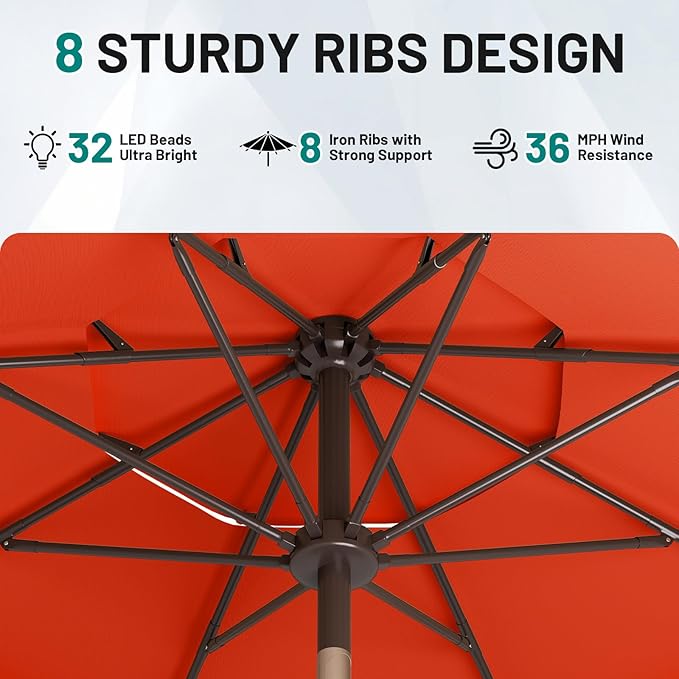 AreShark 9ft 3 Tiers Patio Umbrella with Solar Lights, Outdoor Umbrella w/ 32 LED Lights&8 Sturdy Ribs, Table Umbrella for Deck, Backyard, Pool (Orange)