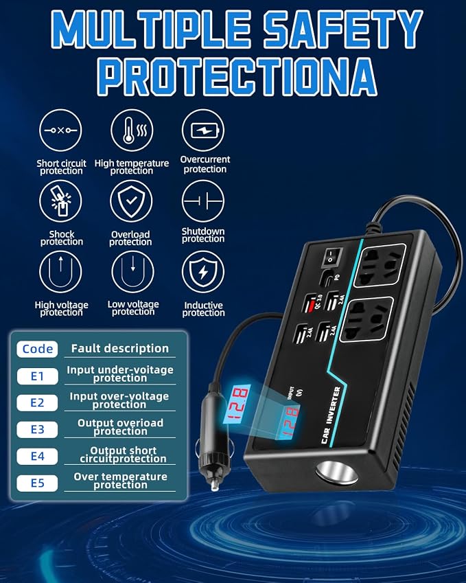 200W Power Inverter, 8-in-1 DC 12V to 110V AC Car Plug Adapter Outlets Converter with 30W PD3.0 & 4 USB Ports,Dual AC Outlet and 10A Cigarette Lighter Splitter, Car Charger for Laptop