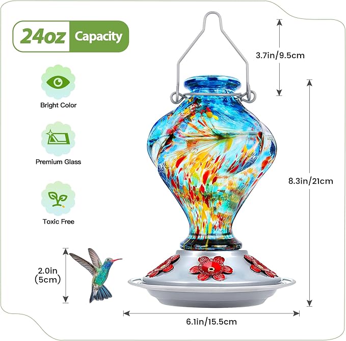 Hummingbird Feeder, BOLITE Glass Hummingbird Feeders for Outdoors Hanging, Hand Blown Twisted with Ant Moat, 5 Bee-Proof Ports, 360° Perch, Leak-Proof, 24oz, Blue, Gifts for Mom Dad Women Men