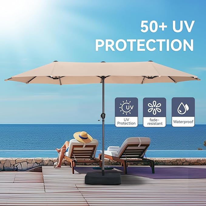 GREEN PARTY 13ft Rectangle Patio Umbrella, Double Sided Outdoor Table Umbrella with Crank & 1.5" Pole, Large Market Umbrella for Poolside Garden Deck Backyard, Beige