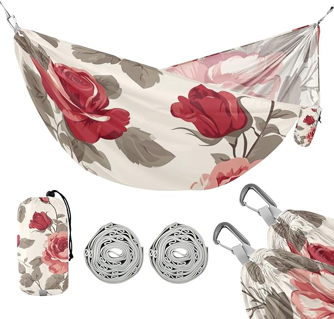 Blush and Crimson Roses Camping Hammocks Rope Hammock for Patio Backyard Lounge Base