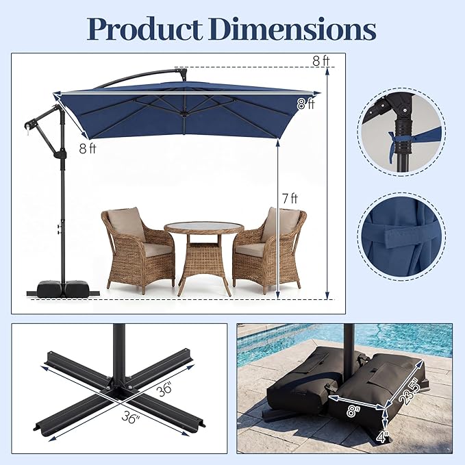 Tangkula 8x8 FT Patio Umbrella with Base Included, Square Offset Cantilever Outdoor Umbrella with 360 Degree Rotation, Crank Handle, Sandbags, 8 Ribs for Pool Deck Garden Backyard