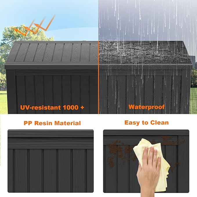 PatioZen 180 Gallon Resin Deck Box, Lockable Patio Outdoor Storage Box for Furniture, Garden Tools and Tools Storage, Waterproof Outside Storage Boxes - Black
