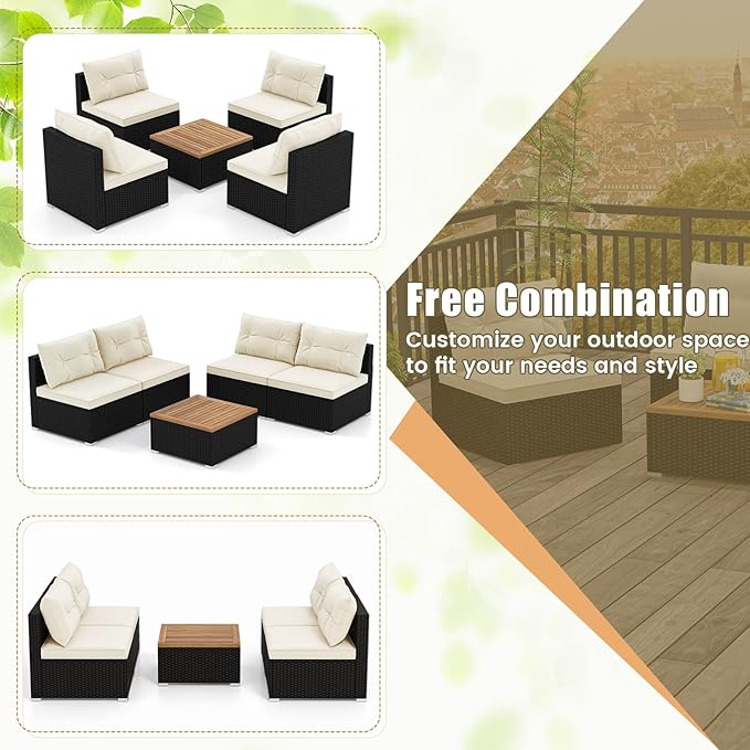 5 Pieces Patio Furniture Set, Outdoor Sectional Sofa with Acacia Wood Coffee Table & Cushions, Wicker Patio Conversation Set for Porch, Deck, Balcony, Poolside & Backyard (Off White)