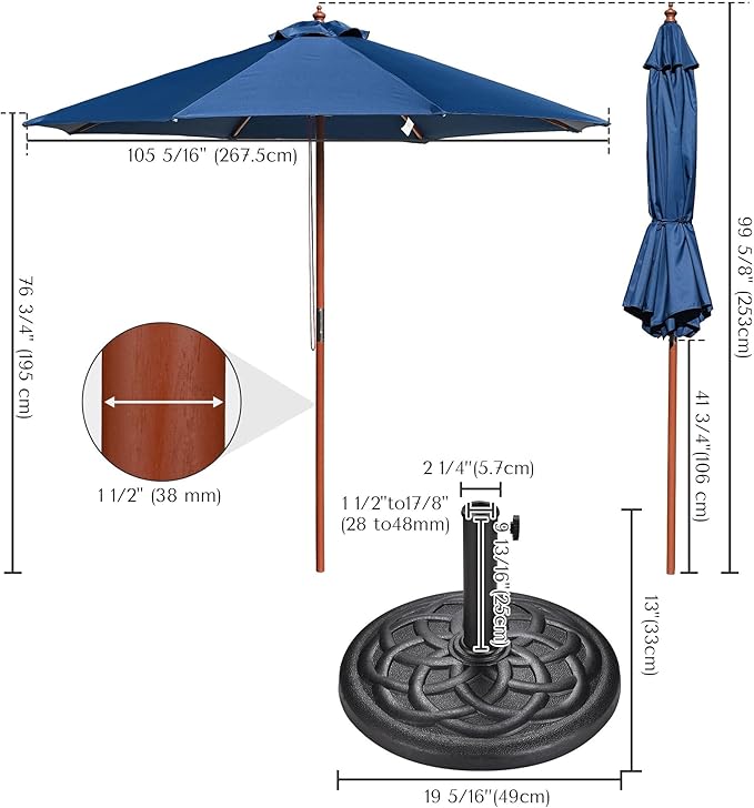 Yescom 9ft Coastal Solid Wood Umbrella Pulley Lift Commercial Base with Wheel Included for Seaside Restaurant Terrace Poolside Beach Club