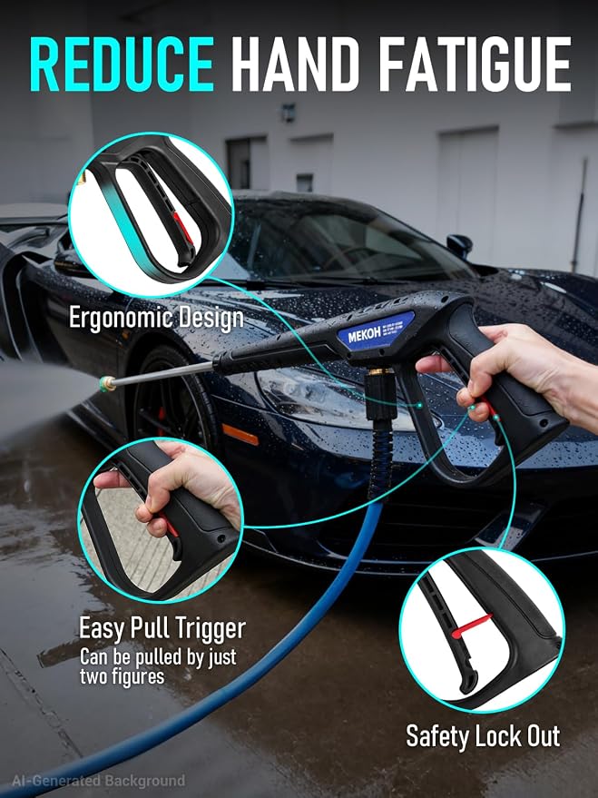 MEKOH Universal Pressure Washer Gun with Stainless Extension, Replacement Power Washer Wand fits Ryobi, Greenworks, Simpson, Dewalt, Featured M22-14 Fitting & 1/4” Quick Connect for Car Wash, 3600 PSI
