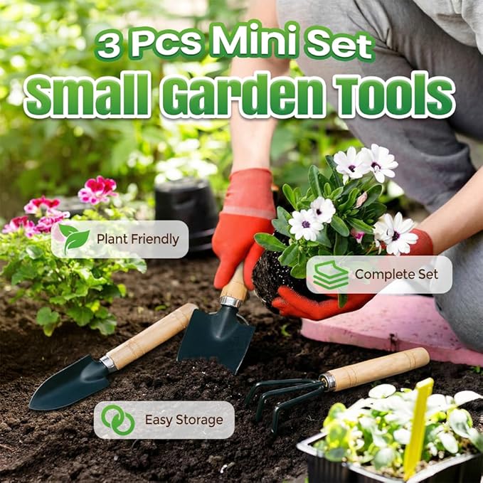 3Pcs Gardening Tools Set, Rust-Resistant Iron & Solid Wood Small Garden Tools, Indoor Plant Tools for Succulents Bonsai, Hand Trowel Shovel Rake Kit for Repotting & Small-Space Gardening (3pcs)