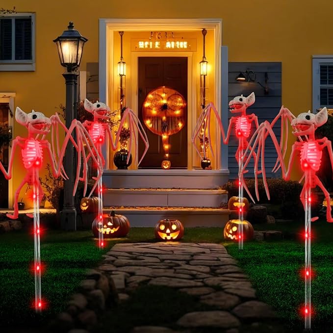 2PCS of Set Solar Garden Lights Outdoor for Halloween Decorations,3D RED Scary Bat Realistic Skeleton Decor for Halloween Party Decor,Solar Bats Path Lights for Lawn/Porch/Creepy Grave Décor