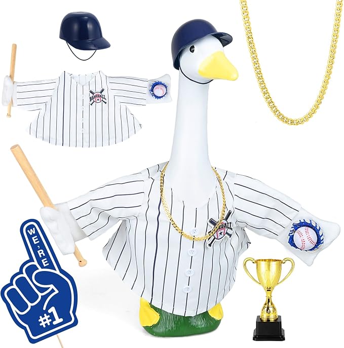 MOVINPE Baseball Goose Outfit for 23" Porch Goose Statue, Blue & White Pinstripe Team Uniform Set with Bat, Glove, Helmet, #1 Yard Sign & Trophy – Sports Lawn Decor Outdoor Patio Yard Decor