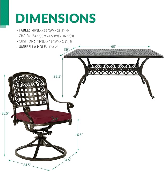 VIVIJASON 7-Piece Outdoor Furniture Dining Set, All-Weather Cast Aluminum Patio Conversation Set, Include 6 Swivel Dining Chairs and a Rectangle Table with Umbrella Hole, Red Cushion