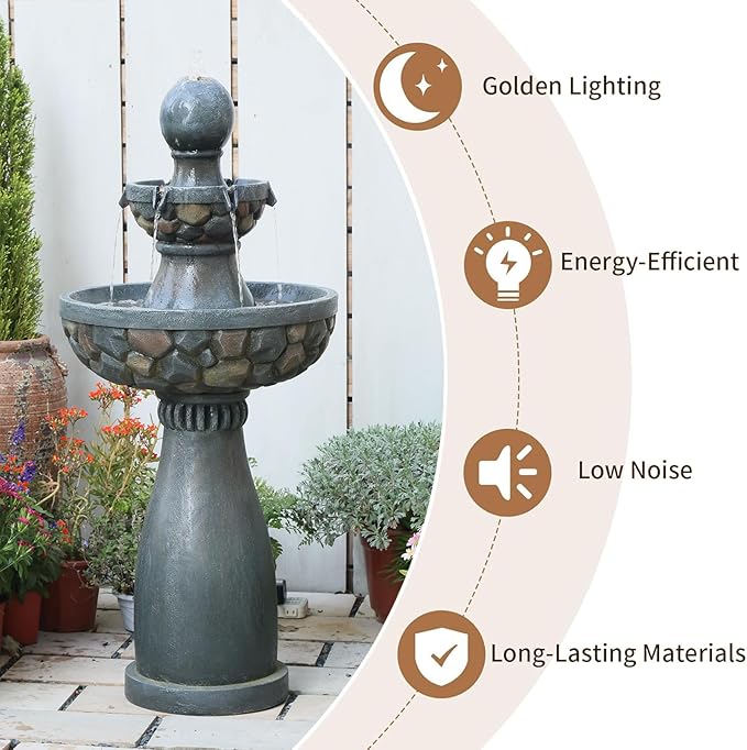 Sunlinua 46.5H 3-Tier Outdoor Water Fountain with LED Lights Italian Resin Garden Fountain for Patio Garden Weather-Resistant Cascading Waterfall Feature with Quiet Pump Elegant Décor Black Gray