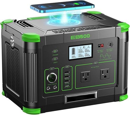 500W Portable Power Station (1000W Peak), 2x 120V AC Outlets & 60W USB-C PD, 10-Output Portable Power Bank with Wireless Charger for Camping, RV Travel, and Home Emergency Power Backup Off-Grid Living