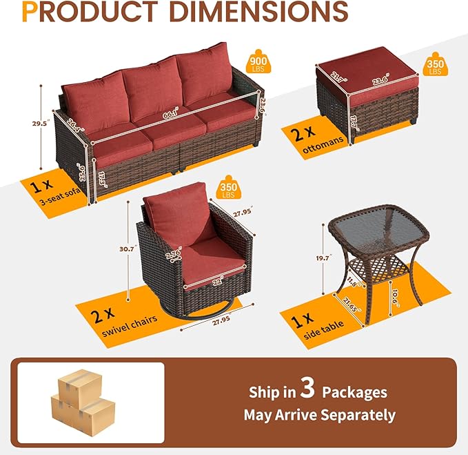 UDPATIO Patio Furniture Swivel Rocking Chair Sets, 6 Pieces Outdoor Conversation Sectional Furniture, Wicker Rattan Sofa with 2 Ottomans 1 Side Table for Garden Poolside Backyard, Wine Red Cushion