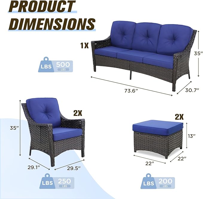 Stone Creek Outdoor Furniture Set with Patio Chairs, 3 Seater Couch & Ottomans, Wicker Patio Conversation Set, Balcony Furniture, 5 Piece, Brown/Blue