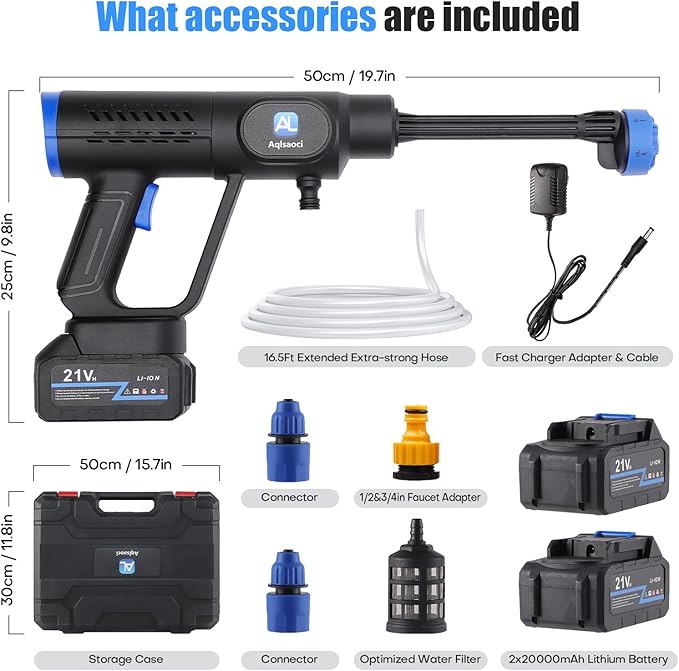 Cordless Portable Cleaning Tools, Brushless Portable Power Machine with LCD Display,100 Levels Adjustable,2×21VRechargeable Batteries 6-in-1 Nozzle Sprayer for Car,Patio,RV,Fence & Yard Cleaning