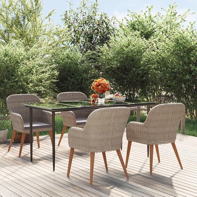 5 Piece Patio Dining Set, Outdoor Acacia Wood Dining Table and Chairs with Cushions, Tempered Glass Tabletop Furniture Set for Garden Backyard, Brown