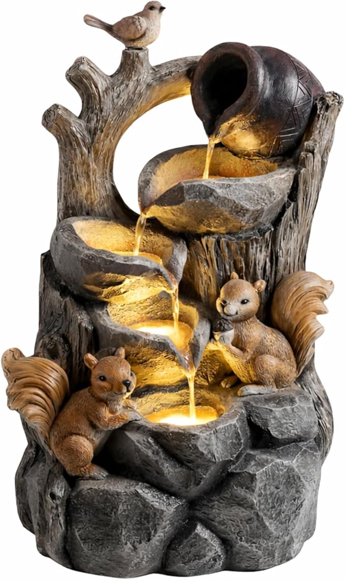 30.1" H Modern Squirrel Outdoor Water Fountain with LED Lights and Pump, Floor Standing Waterfall Feature Outdoor Garden Fountain for Garden, Porch, Patio and Backyard Decor