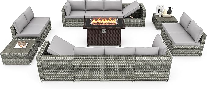 HOMREST 15 Pieces Outdoor Patio Furniture Set with 44" Propane Fire Pit Table, PE Rattan Sectional Sofa Conversation Set w/Adjustable Bracket, Wood Coffee Table for Backyard (Grey)