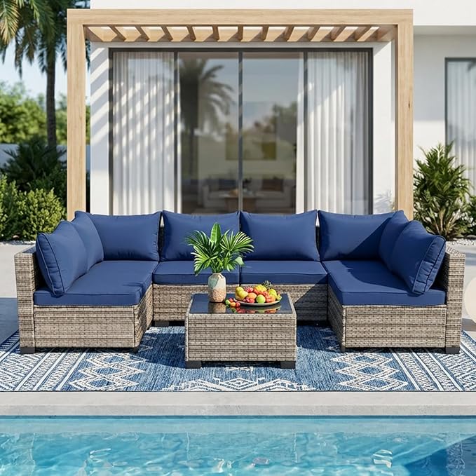 7-Piece Outdoor Wicker Furniture Set, PE Rattan Sectional Sofa with Coffee Table, All-Weather Patio Conversation Set with Thick Cushions for Backyard (Bule)