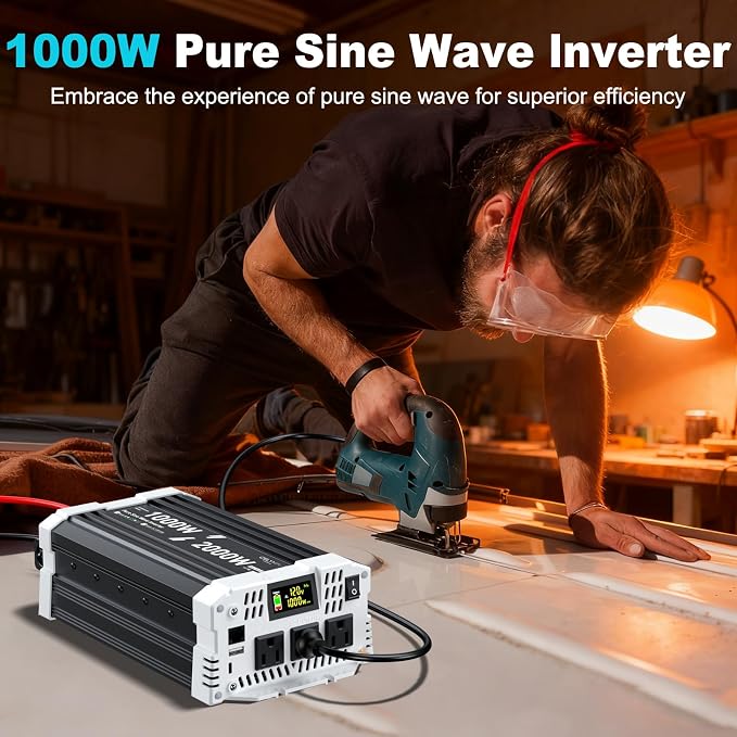 1000 watt Pure sine Wave Inverter, 12V DC to 110V AC Power Inverter, with 3 AC Output sockets, USB Port, Type-C Port, Remote Control with LCD Screen, Used for Solar Emergency Power Supply in RV Homes