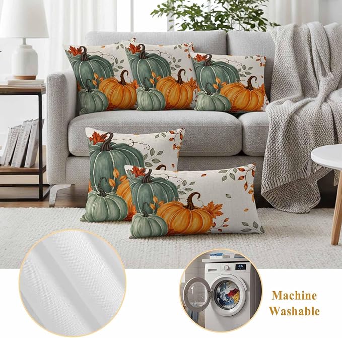 Green Orange Fall Waterproof Outdoor Pillow Covers 20''x12'' Set of 2, Maple Leaves Thanksgiving Patio Furniture Cushion Covers for Chairs,Decorative Farmhouse Beige Pillow Cases for Garden/Pool/Beach