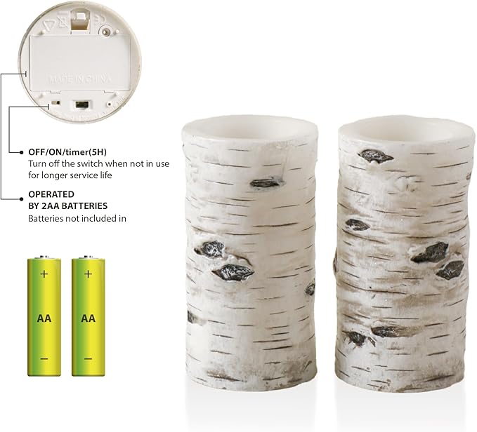 H-BLOSSOM Flickering Flameless Candles Birch Bark Effect Battery Operated Real Wax Pillar Candles LED Candles with Cycling 5H Timer Pack of 2 (3" x 6")
