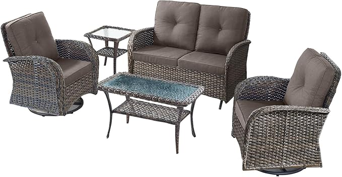 5 Pieces Patio Furniture Set-Outdoor Rocking Chairs Set of 2 Outdoor Glider Bench with Wicker Outdoor Coffee Table for Deck Lawn Porch Balcony Poolside-Brown/Grey
