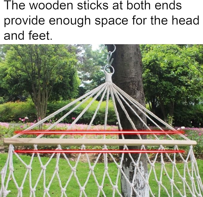 Portable Cotton and Linen Rope Hammock Multi-Purpose Outdoor Camping with Wooden Sticks Mesh Comfortable Reinforced Hammock Comfortable