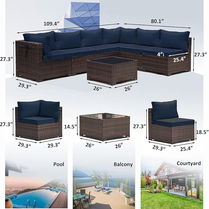 8 Pieces Outdoor Patio Furniture Sets w/55000 BTU Propane Fire Pit Table,Wicker Conversation Sofa,Includes 6 All-Weather High Back PE Rattan Seating Components w/Coffee Table&Gas Fire Pit,Navy