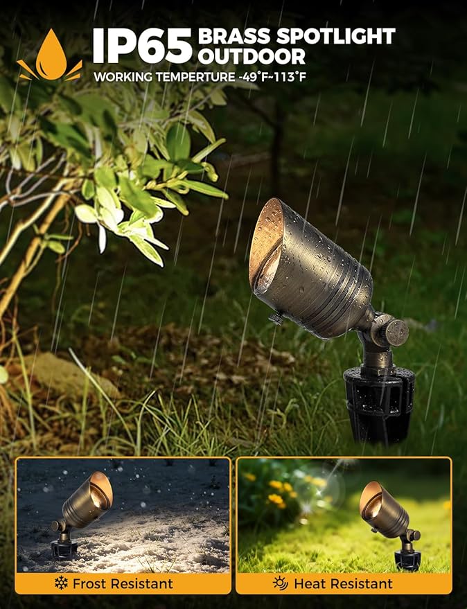 COLOER Brass Outdoor Spotlights, 12V LED Low Voltage Landscape Lighting with 5W 2700K Aluminum MR16 Bulb, IP65 Waterproof Landscape Spot Lights for Yard,Garden,Lawn,Tree, Small Size (12)