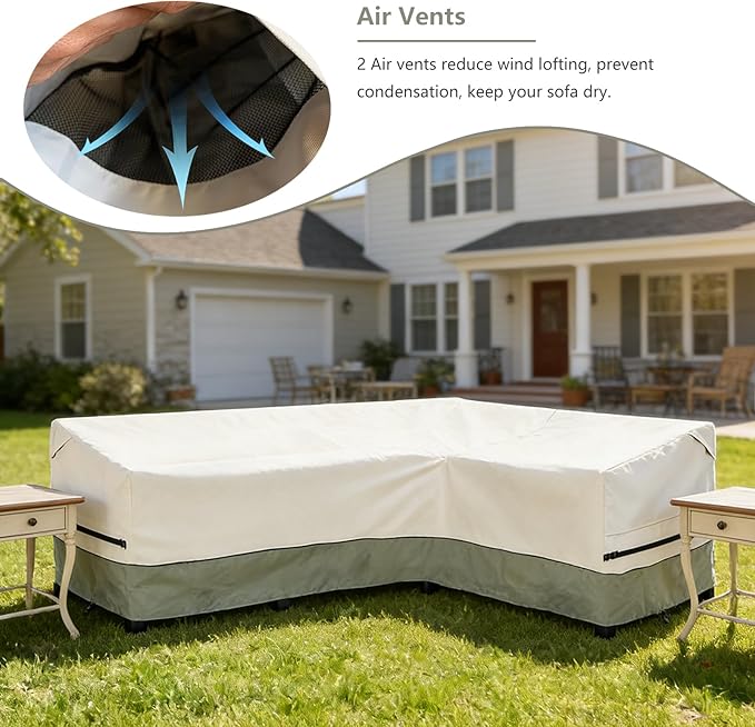 okcool Outdoor Sectional Sofa Cover Waterproof-L-Shaped Patio Furniture Covers for 4-Seater Outdoor Sectional Furniture Couch 85”W (Back Length) x 58”W (Right Side),White&Grayish Green