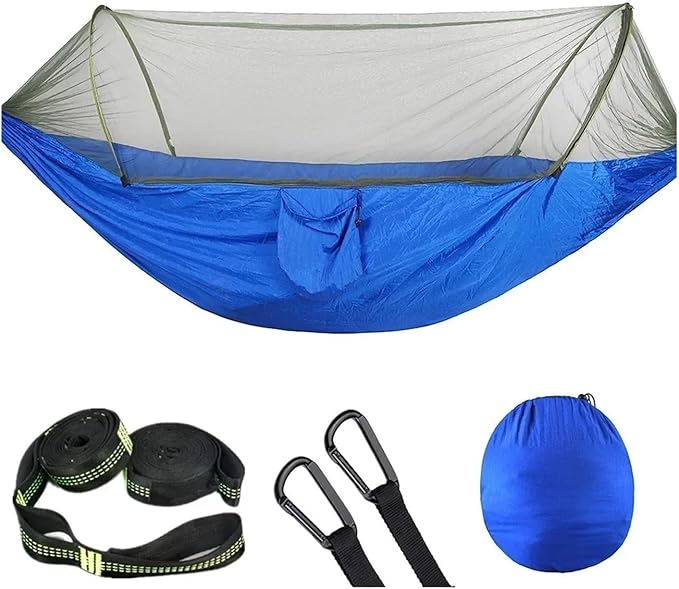 Hammock Camping Hammock with Mosquito Net Pop-Up Light Portable Outdoor Parachute Hammocks Swing Sleeping Hammock Camping Stuff Quick-Opening(Blue-6 Rings)