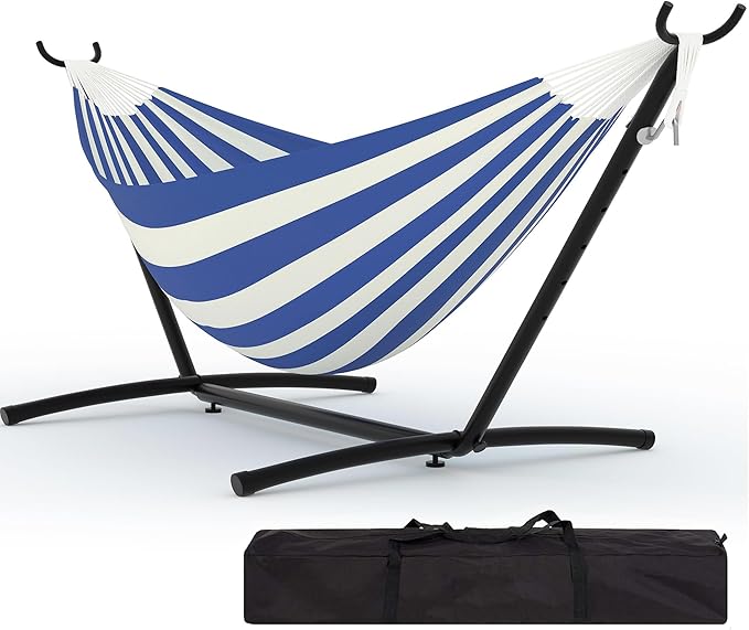 Double Hammock with Stand, Hammock Wih Space Saving Steel Stand and Carrying Case, 2 Person, 450 Lb Capacity, for Indoor Outdoor Patio Yard