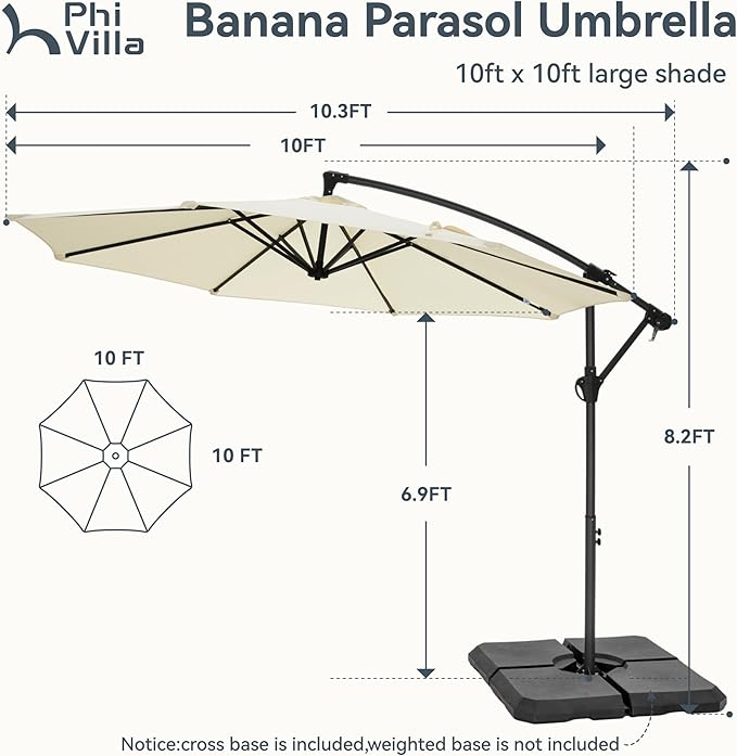 PHI VILLA 10ft Offset Patio Umbrellas, Outdoor Market Hanging Umbrella with 8 Ribs & Cross Base(No Weight), for Deck Pool Porch Backyard, Off-white