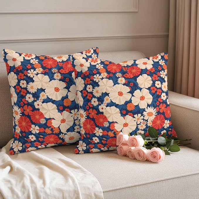 Independence Day Outdoor Waterproof Throw Pillow Covers Set of 2, 26"x26", Red White Daisy Retro 4th of July Decorative Pillow Covers Outside Cushion Case for Patio Porch Garden